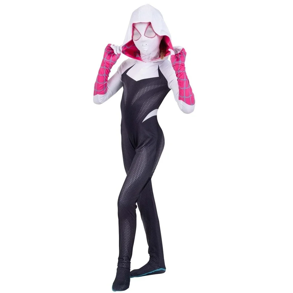 Spider Gwen Halloween Costume child Lg (10/12) Marvel Jumpsuit Hooded Mask